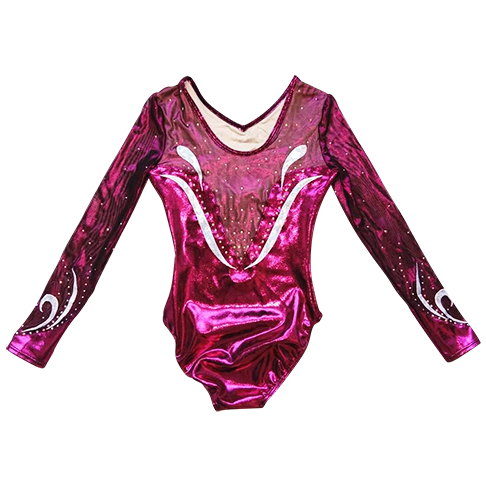 BURGUNDY SHINY MYSTIQUE/MESH WITH STONES LONG SLEEVE