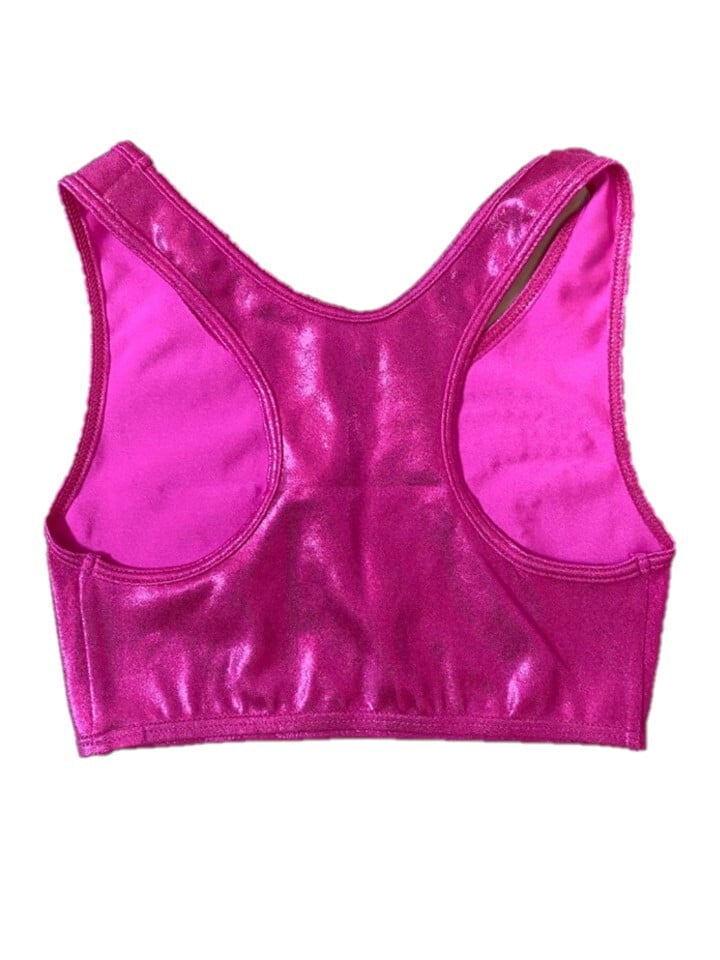 Pink Shiny Foil Crop Top with Rhinestones