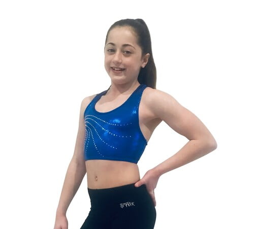 ROYAL BLUE SHINY FOIL CROP TOP with Rhinestones for Gymnastics and Dance