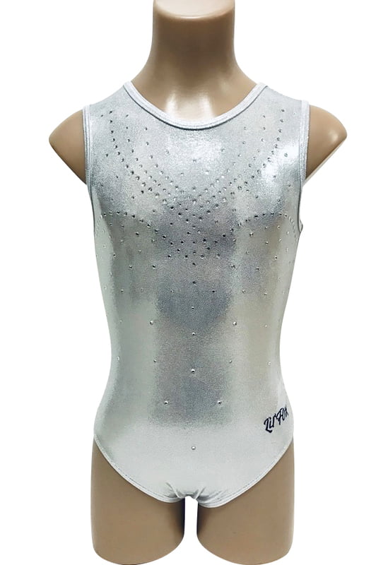 White silver glitz shiny Foil Leotard Crystals Gymnastic Acrobatic