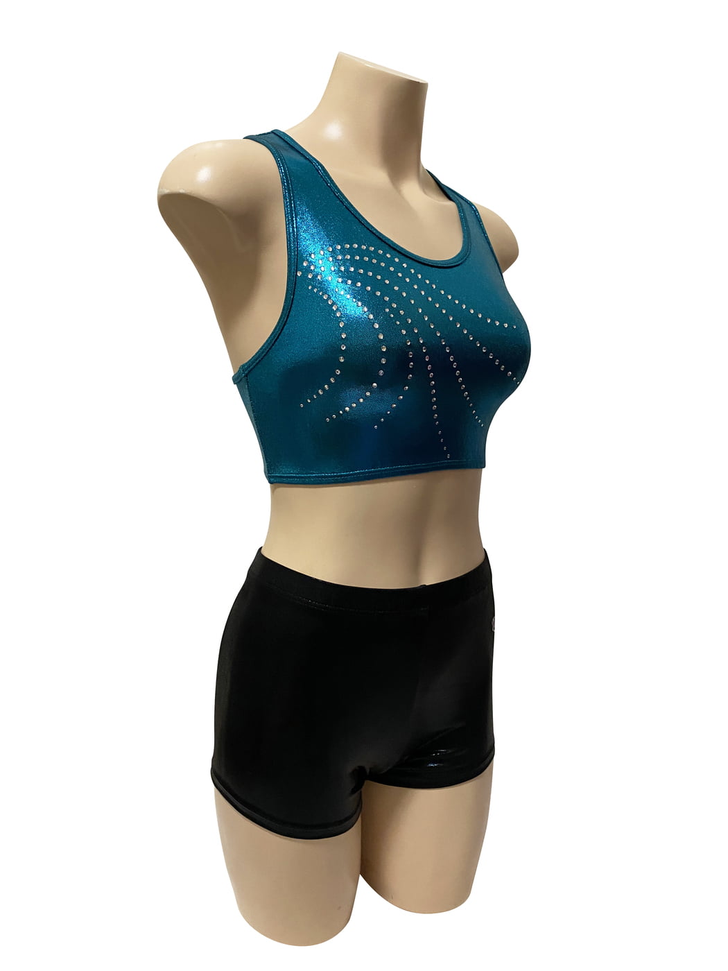 Emerald shiny foil top with rhinestones and black shiny foil shorts set