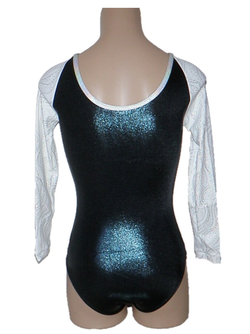 Black And White Shiny Foil Long Sleeve Leotard With Diamantes