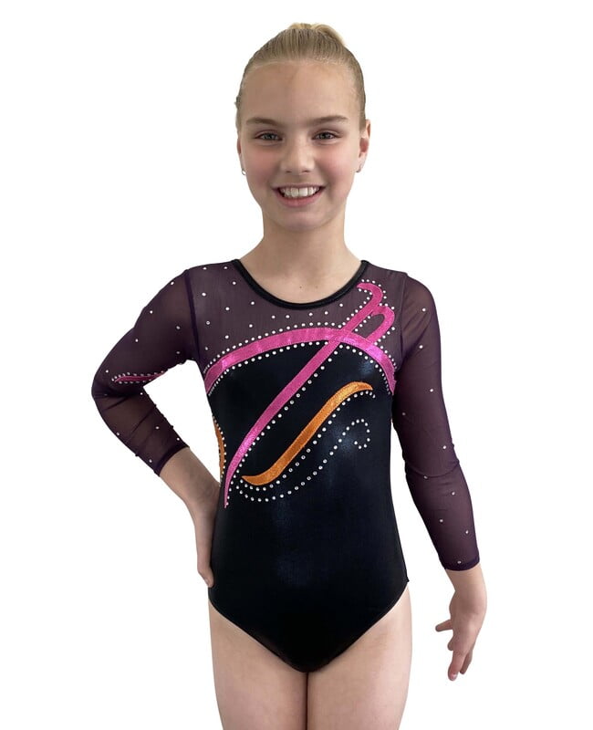 BLACK SHINY MYSTIQUE WITH PINK/ORANGE SWIRLS LONG SLEEVES