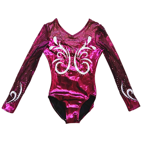 BURGUNDY SHINY MYSTIQUE/MESH WITH STONES LONG SLEEVE