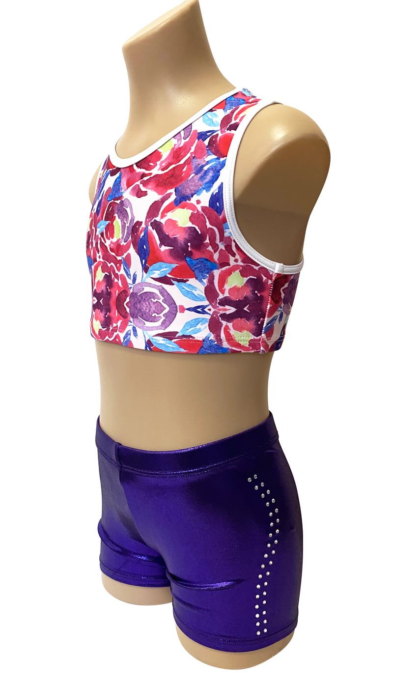 Flower Dream Crop set Top fully lined lycra Shiny Purple Foil Mystique