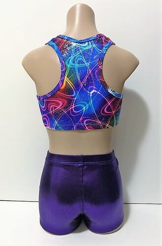 PURPLE GALAXY CROP SET Galaxy top and purple shiny foil shorts with rhinestones, quality gymnastics and dance for girls