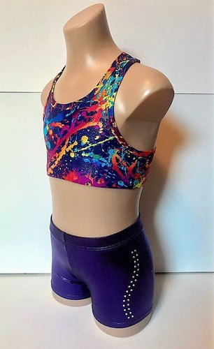 RAINBOW ABSTRACT PURPLE CROP SET Abstract Top with Purple Shiny Foil Shorts and Rhinestones